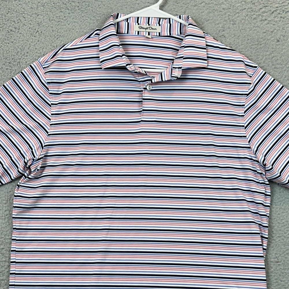 Straight Down Polo Shirt Mens Large Blue Pink Striped Golf Stretch Rugby EUC